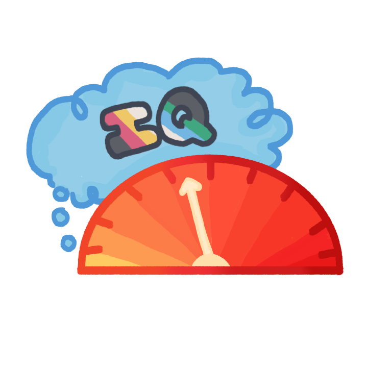 A drawing of a half circle scale that has a yellow to red gradient in it. There is a light yellow arrow in the middle of the scale pointing towards the orange section in the middle. There is a blue thought bubble above the scale with the words IQ in it. The IQ is colored like the disability pride flag.